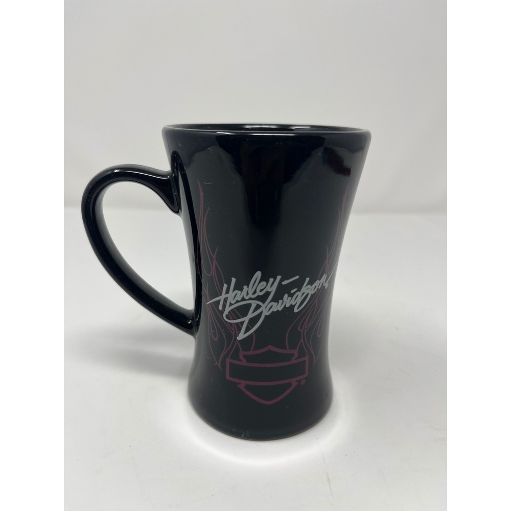 Harley Davidson 2008 Black Ceramic Flared Coffee Mug Purple Flames Logo 5.25"